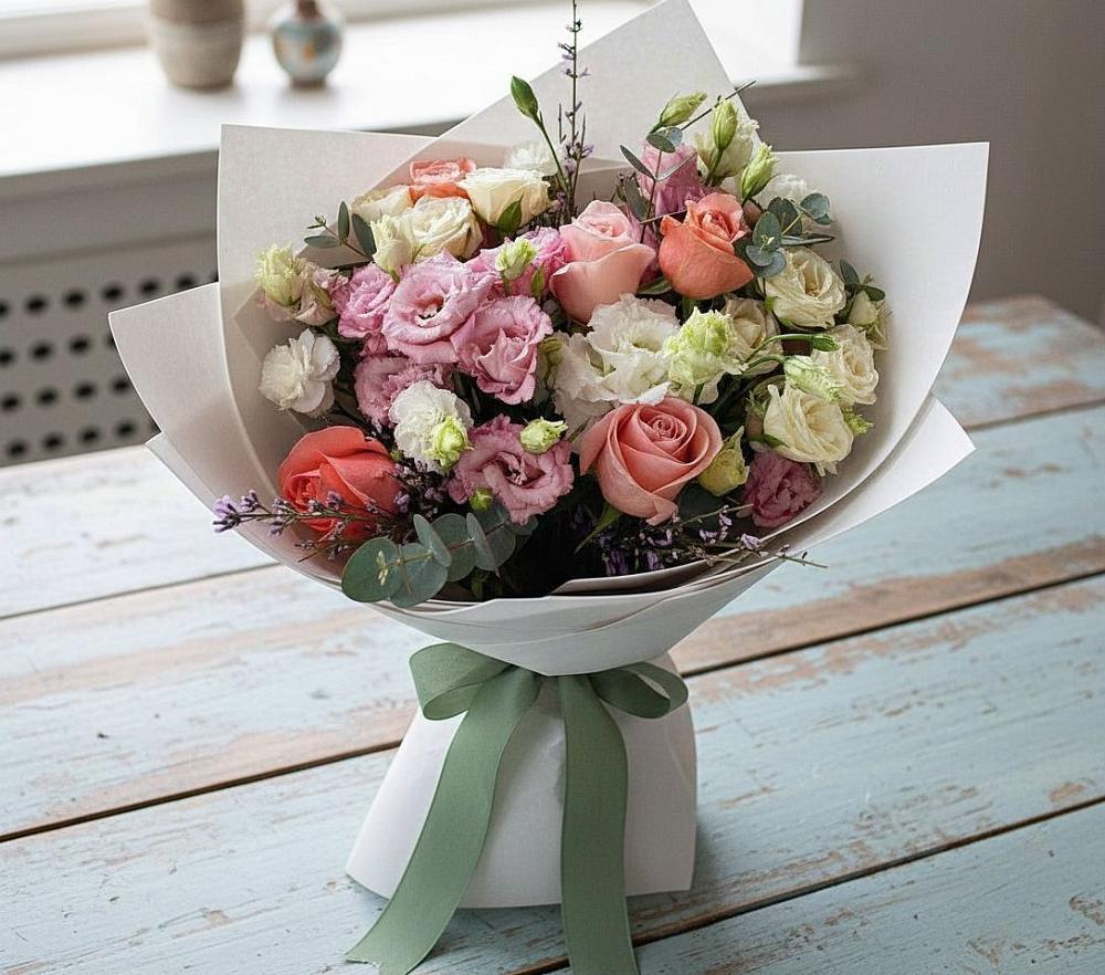 Букет цветов из: Розы, Лизиантусы и Гвоздики в Авдотьино