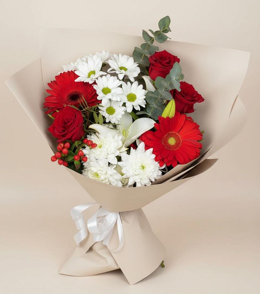 Букет цветов из: Розы, Хризантемы, Герберы и Лилии в Авдотьино