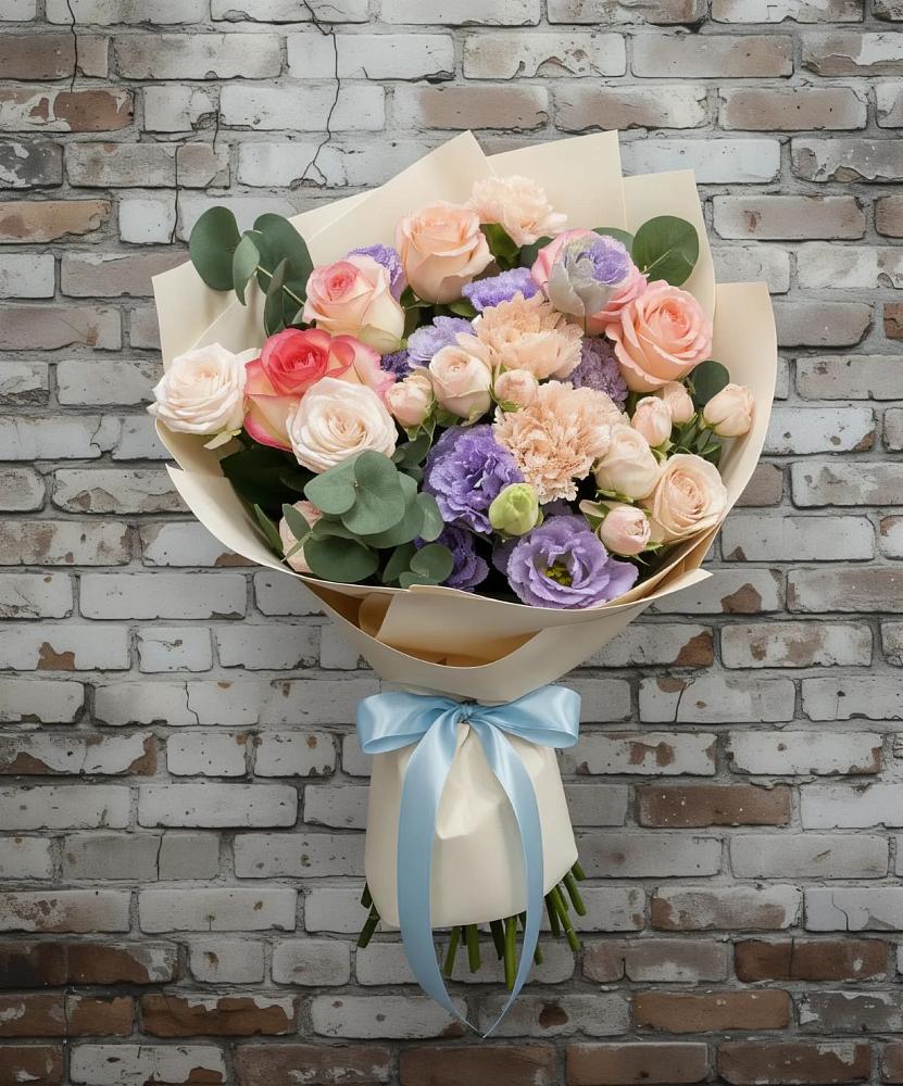 Букет цветов из: Розы, Лизиантусы и Гвоздики в Авдотьино