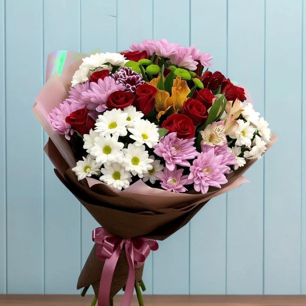 Букет цветов из: Розы, Хризантемы и Альстромерии в Авдотьино