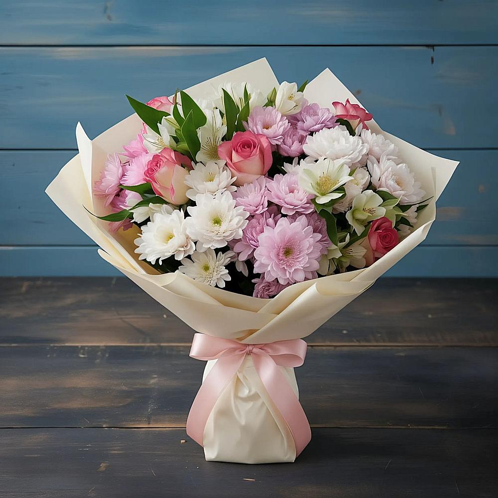 Букет цветов из: Хризантемы, Альстромерии и Розы в Авдотьино